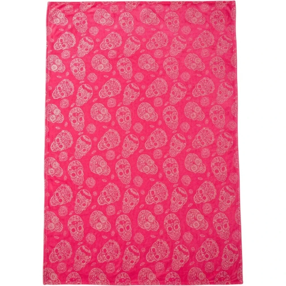 Sugar Skull Pink Plush Throw Blanket Glitter Metallic Day of the Dead Gothic